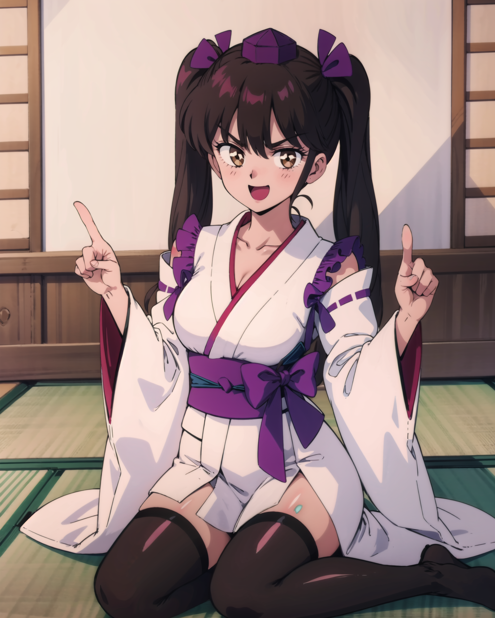 00702-2855216555-, 1girl, hat, solo, breasts, thighhighs, twintails, sitting, brown hair, tokin hat, kourindou tengu costume, white thighhighs, l.png